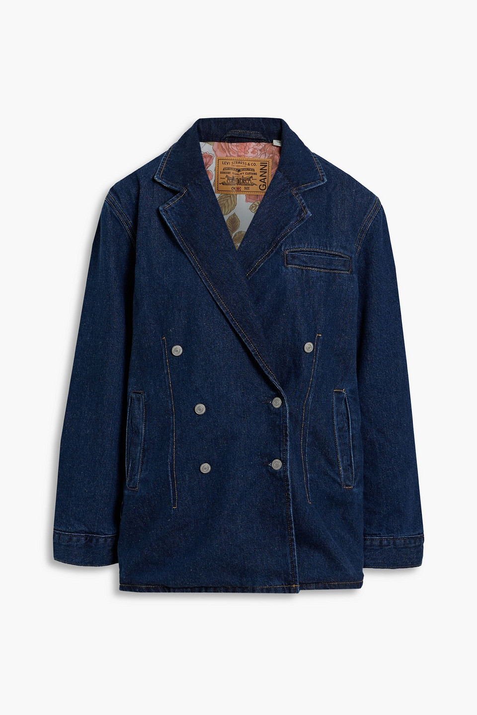 Ganni Double-breasted Denim Jacket In Dark Denim