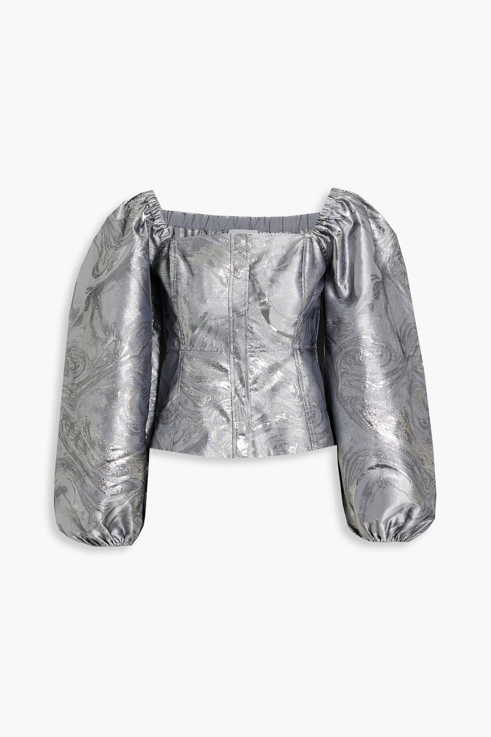ganni - gathered metallic brocade peplum top - metallic - eu 44