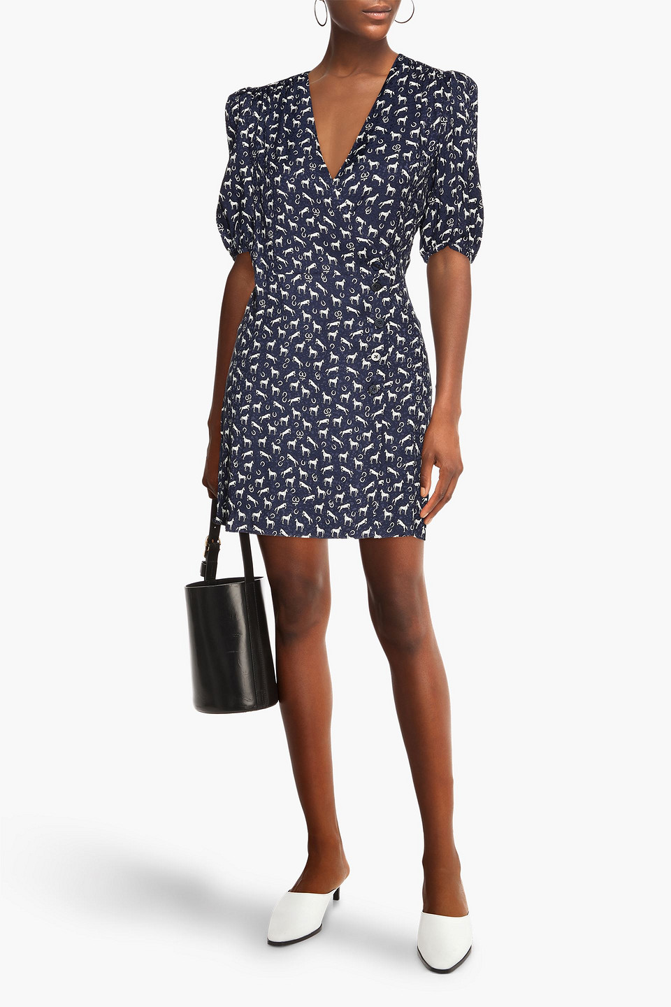 Maje Printed Crepe De Chine Wrap Mini Dress In Navy