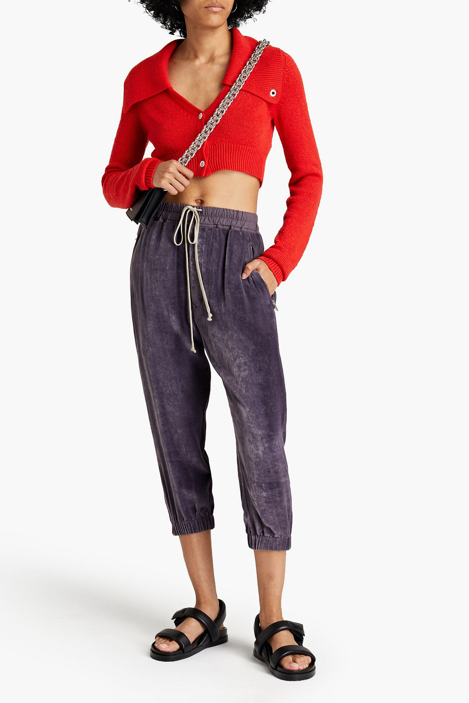 Shop Rick Owens Cropped Velvet Tapered Pants In Dark Purple