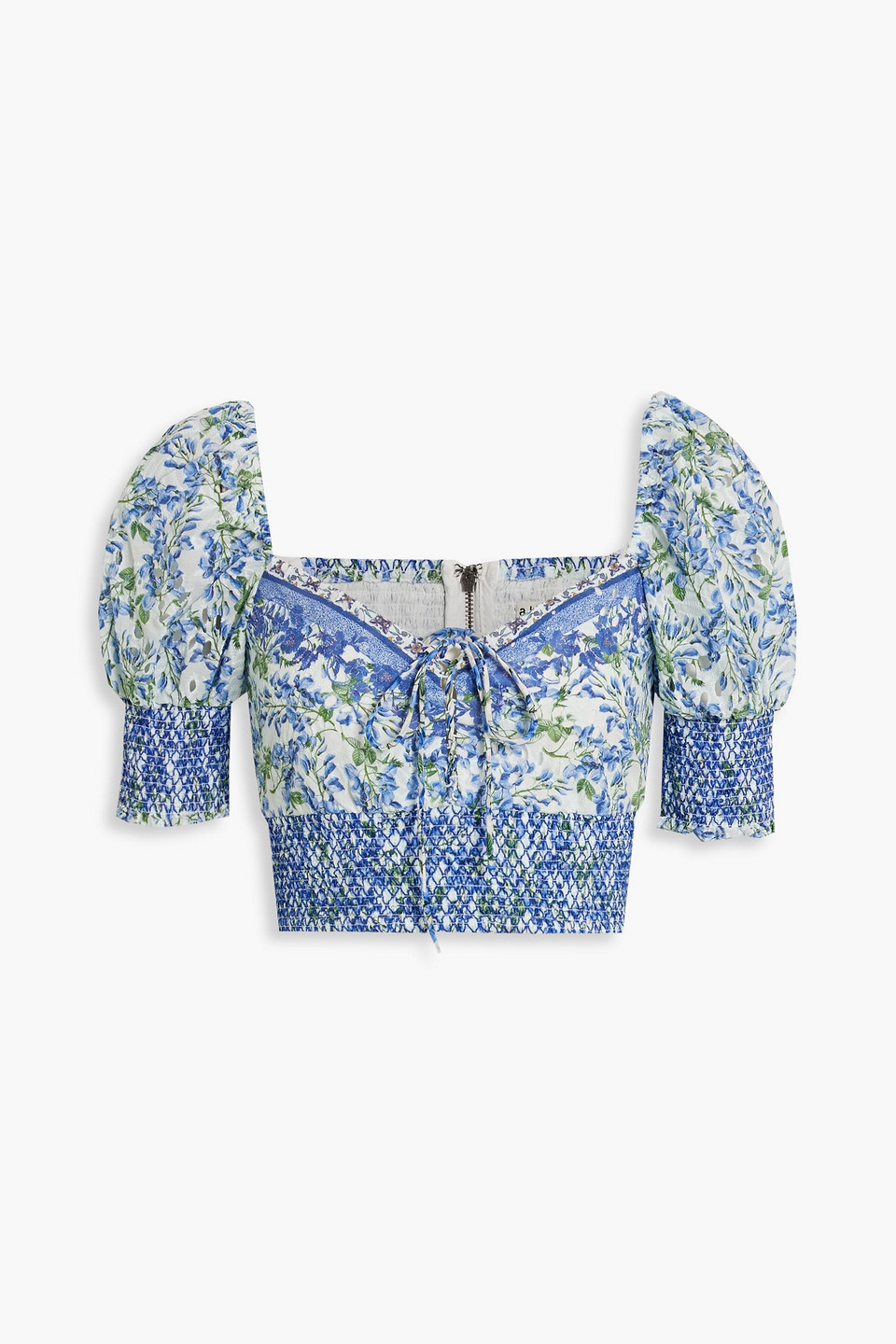 alice olivia - crawford cropped floral-print broderie anglaise cotton top - blue - s