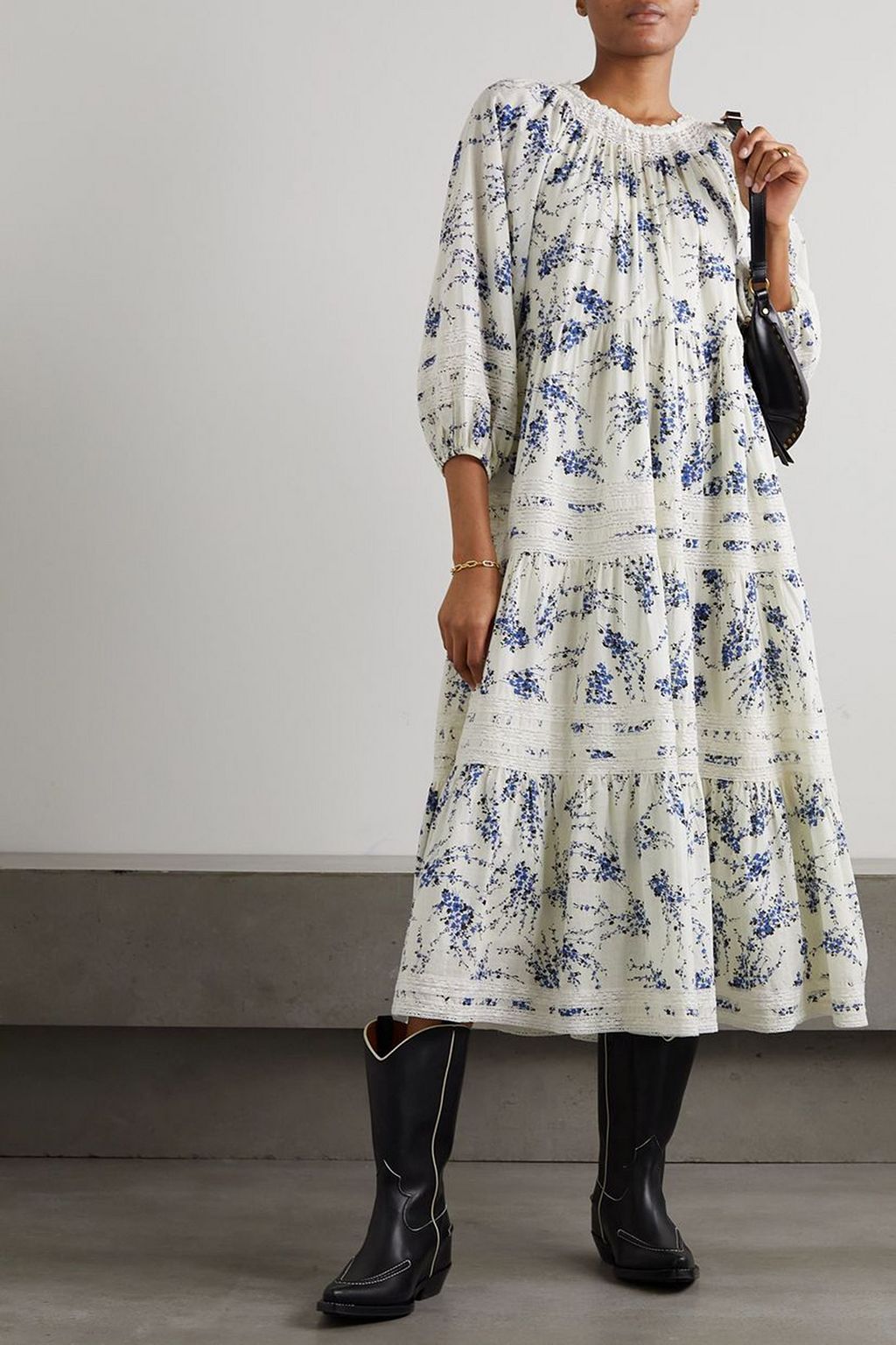 THE GREAT. The Hideaway lace-trimmed floral-print cotton midi dress