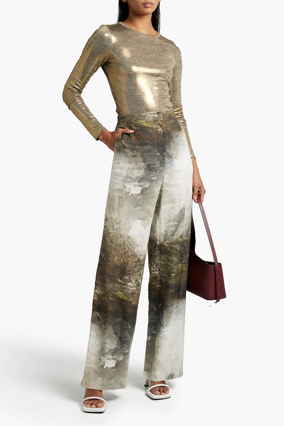 Alice And Olivia Delaina Metallic Jersey Top In Gold