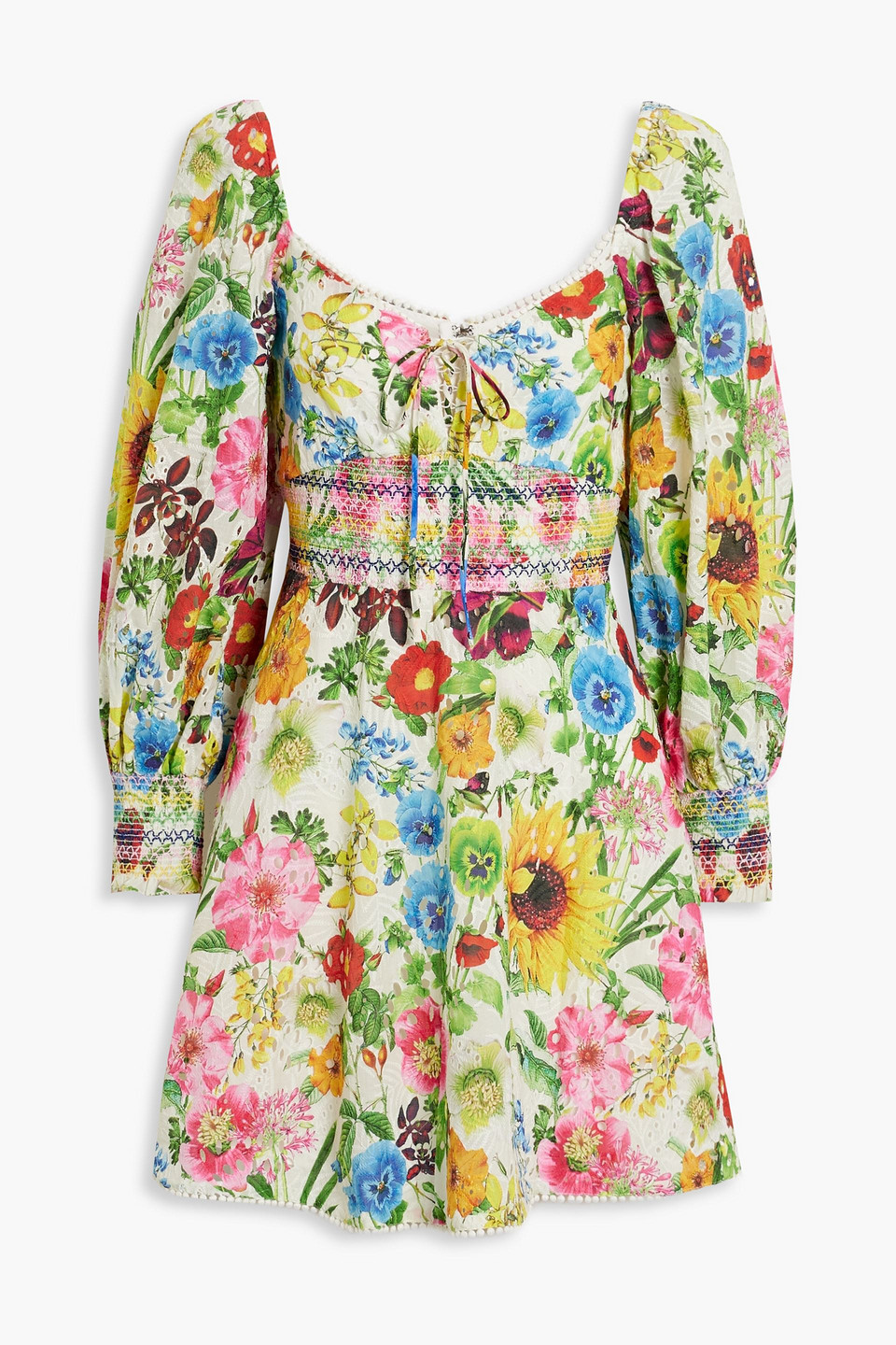 Alice And Olivia Crawford Eyelet Smocked Long Sleeve Cotton Minidress In Off-white