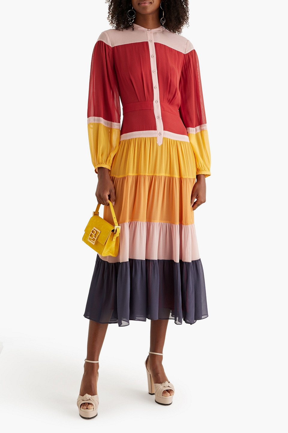 Joie Kolia Gathered Color-block Silk-crepe Midi Dress In Multi