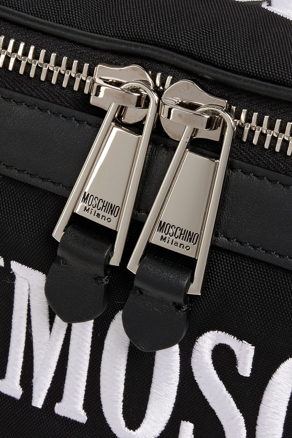 MOSCHINO Leather-trimmed embroidered canvas belt bag