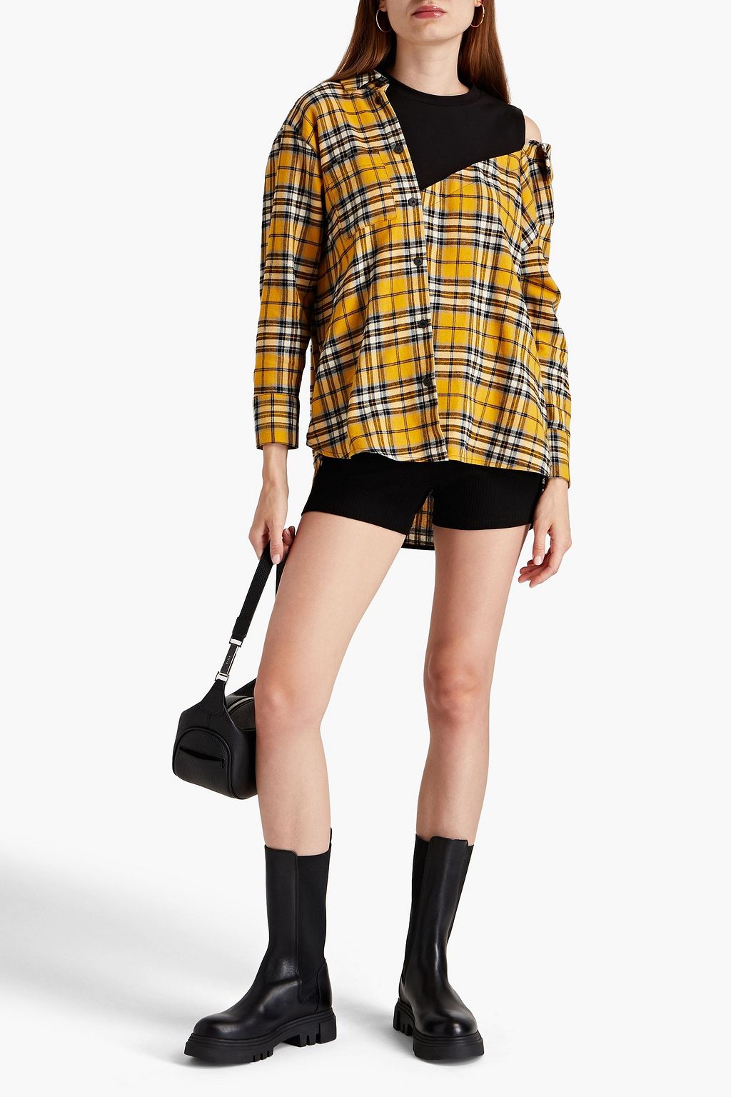 MAJE Jersey-paneled checked cotton-flannel blouse