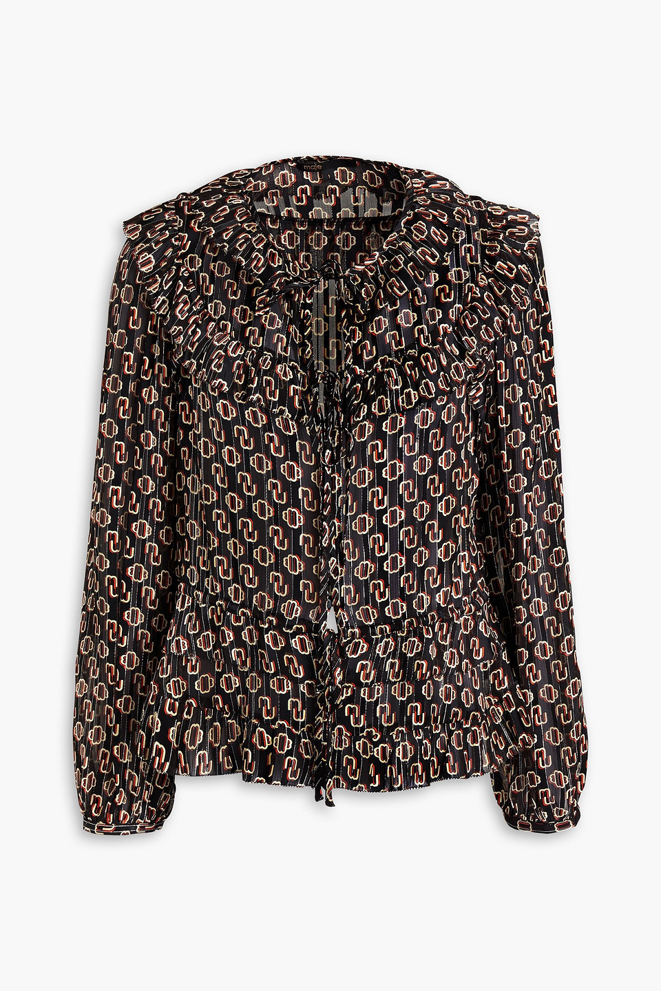 Maje - Tie-front metallic printed crepe de chine blouse - Black - 4