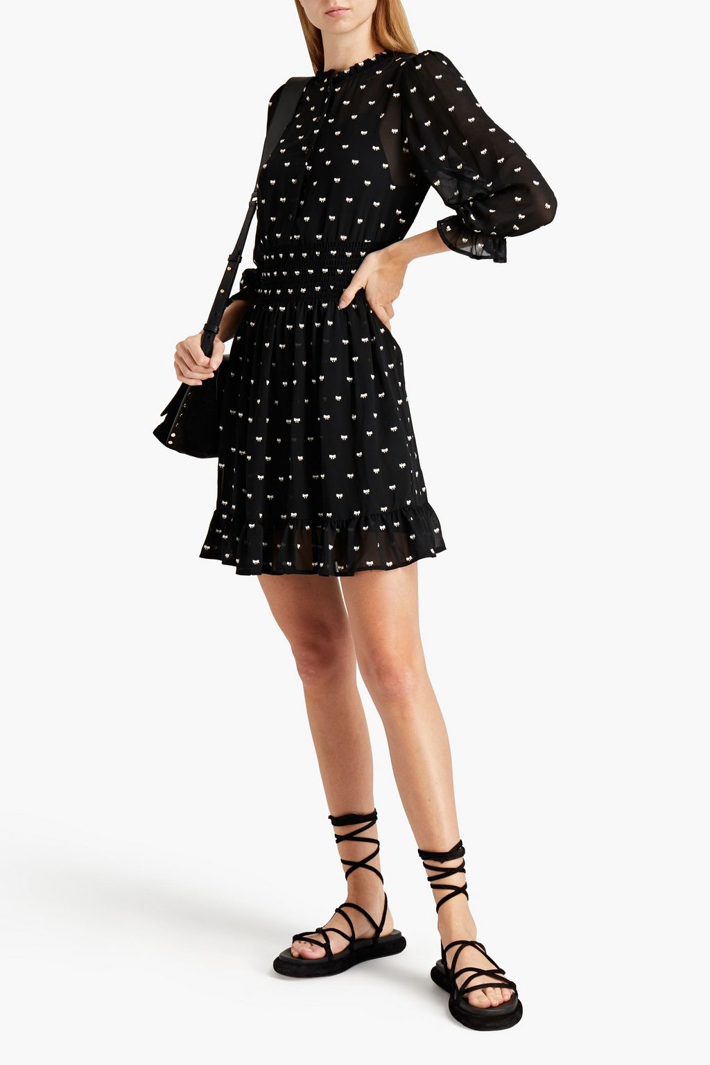 MAJE Shirred embroidered chiffon mini dress