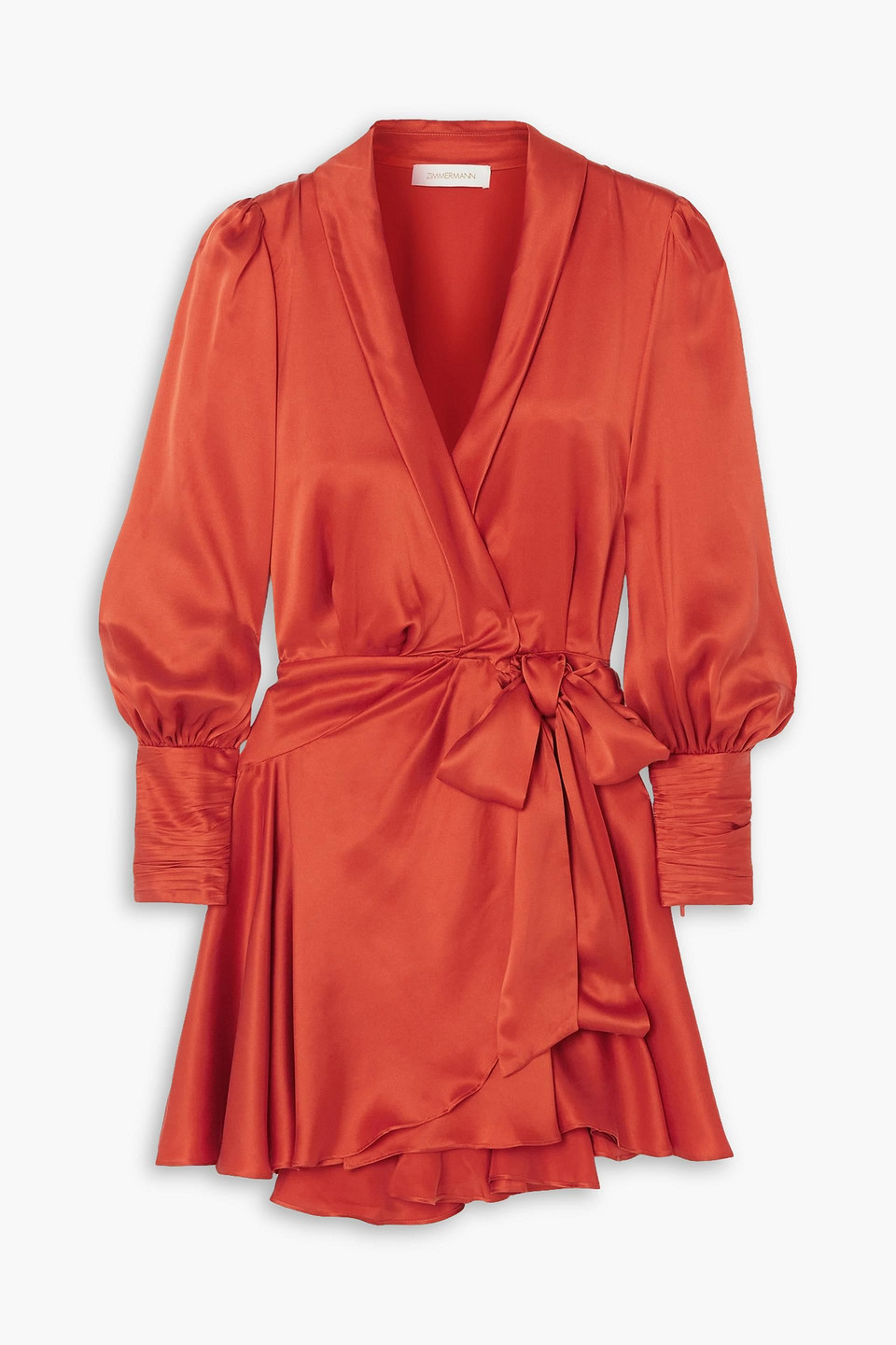 Zimmermann Ruffled Silk-satin Wrap Mini Dress In Ziegelrot