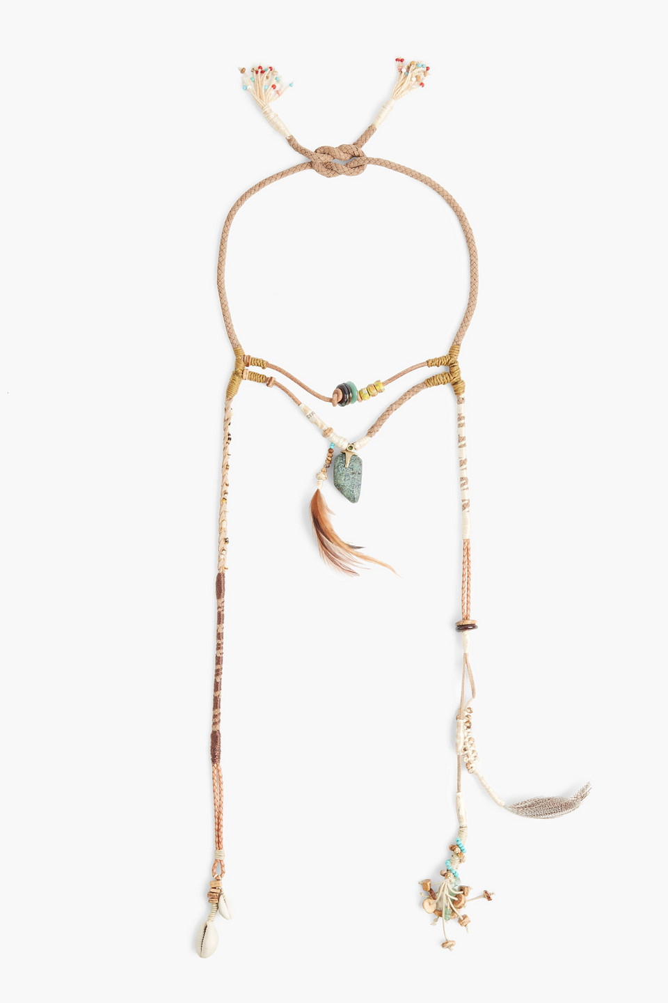 Etro Beaded Cord, Feather And Stone Necklace