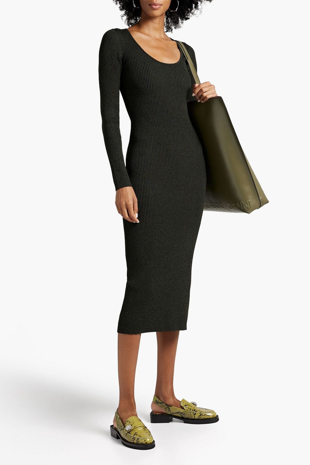 GANNI Mélange ribbed-jersey midi dress