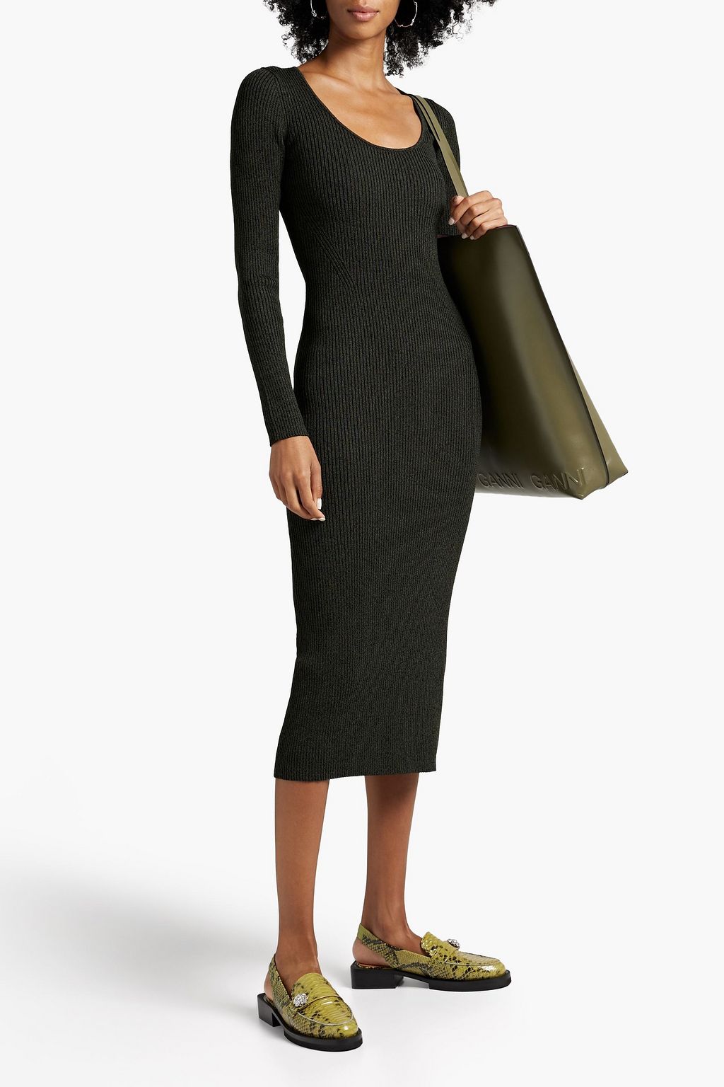 GANNI Mélange ribbed-jersey midi dress | THE OUTNET