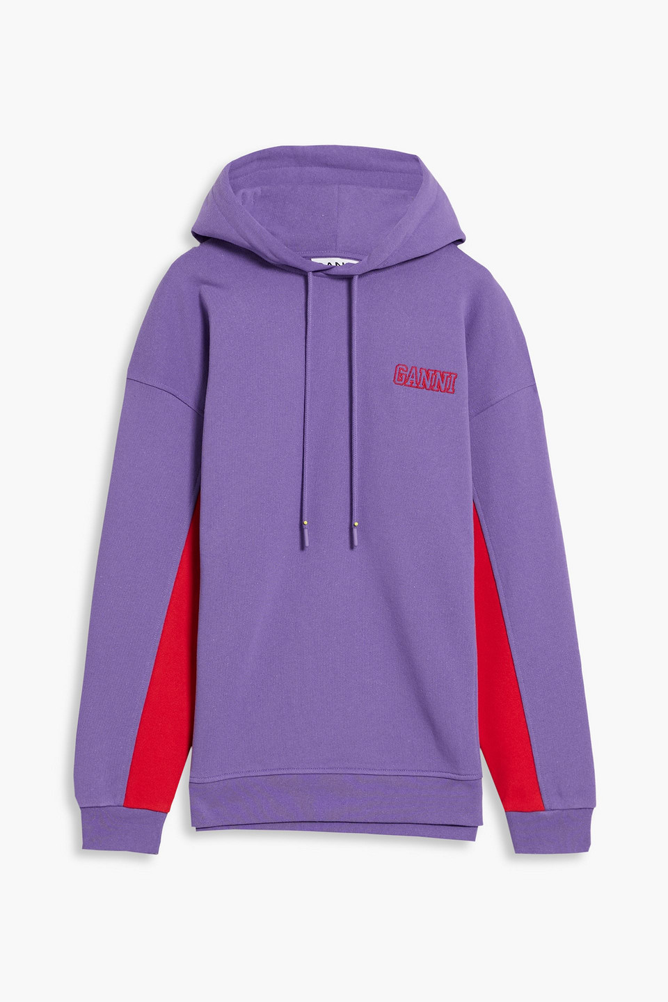 ganni - embroidered two-tone cotton-blend fleece hoodie - purple - xxs/xs
