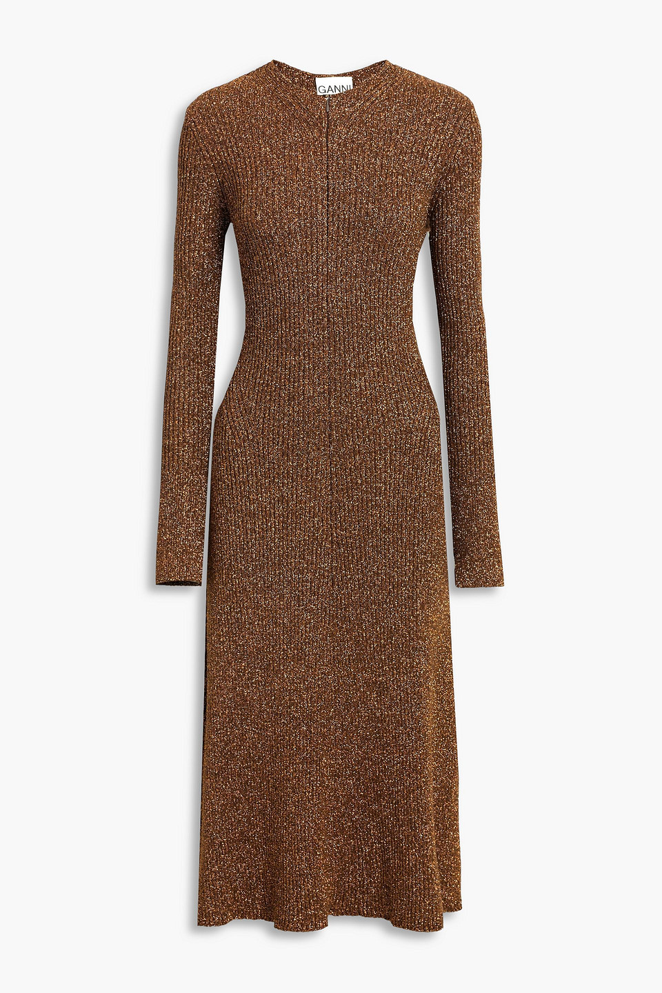 ganni - metallic ribbed-knit midi dress - metallic - m