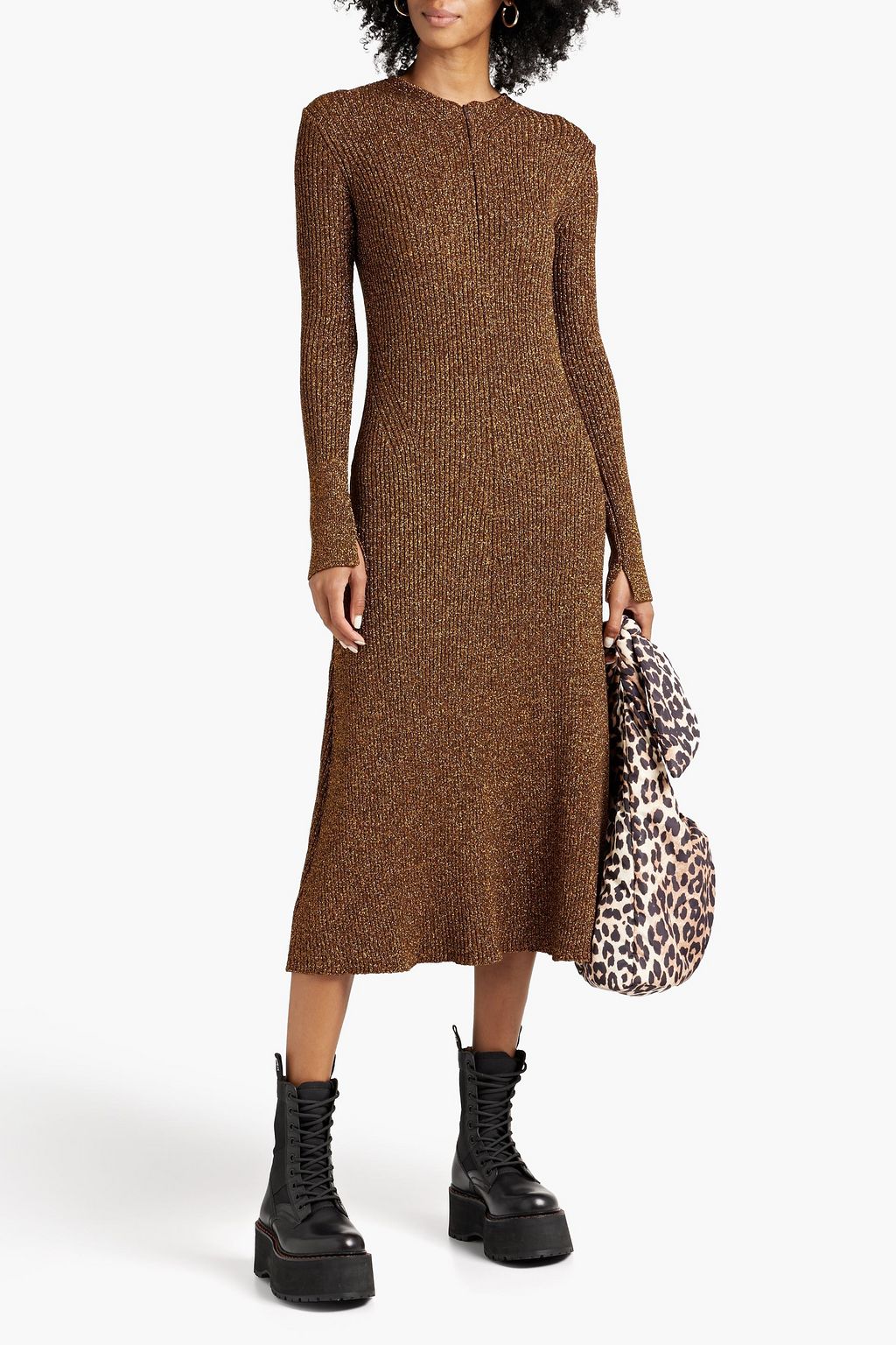 GANNI Metallic ribbed-knit midi dress