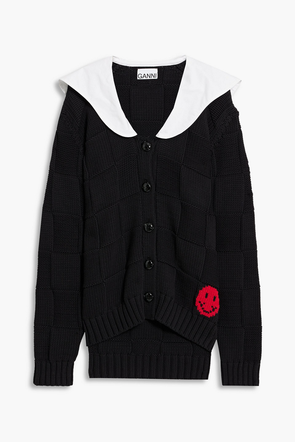 Ganni Smiley Motif Oversized Collar Cardigan In Black