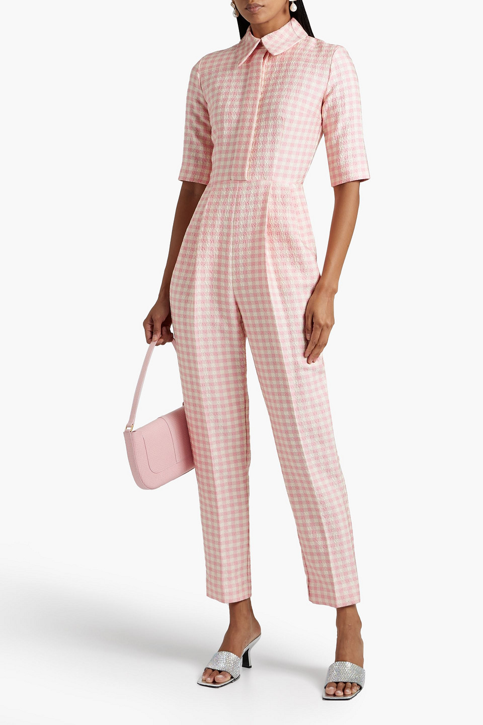 emilia wickstead pink gingham dress Emilia Wickstead Brice Pleated Gingham Cloqué Jumpsuit In Baby Pink
