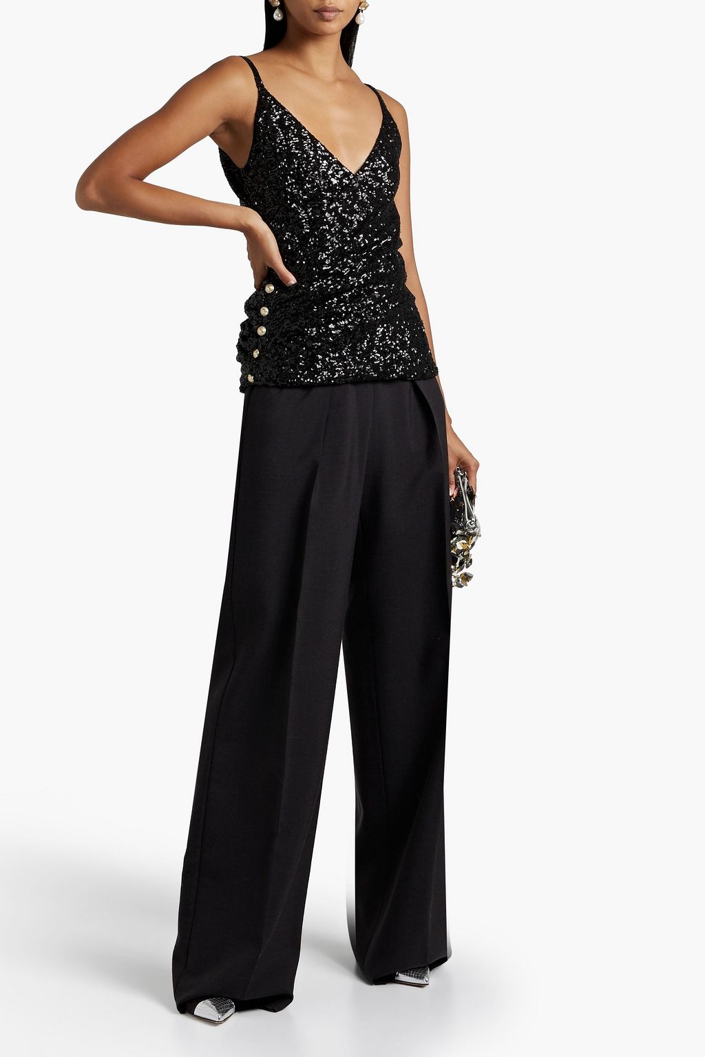 BALMAIN Wrap-effect button-embellished sequined woven camisole