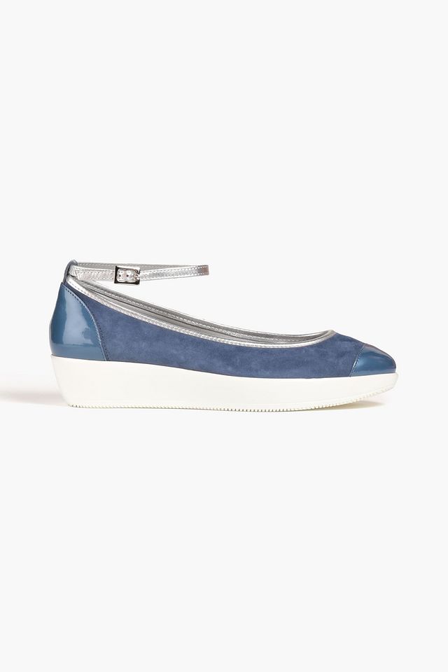 Leather-paneled suede wedge pumps