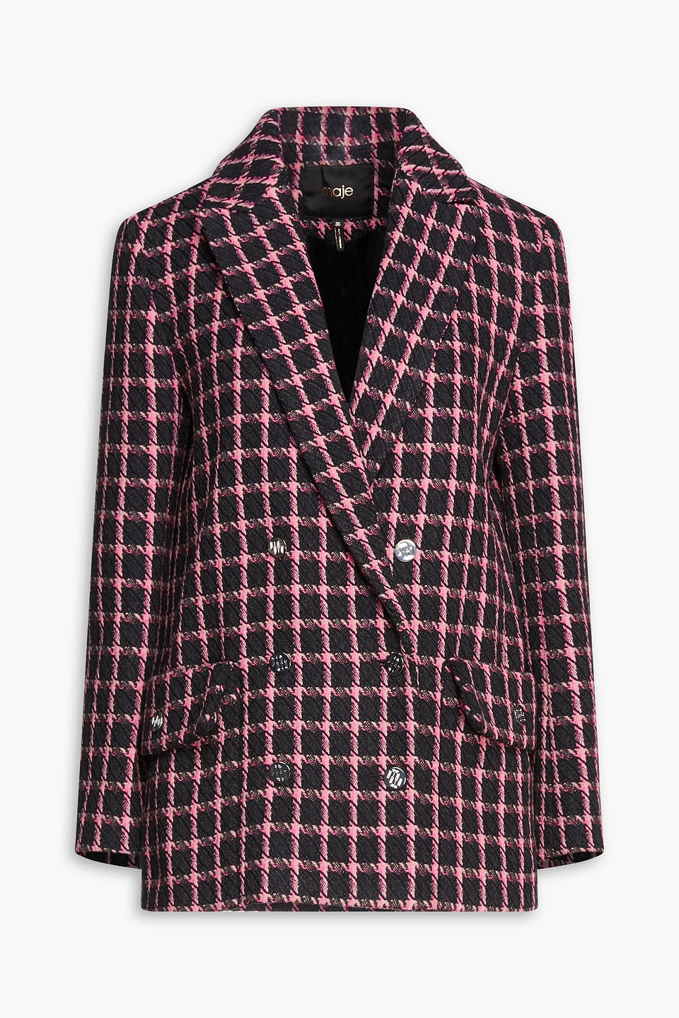 Maje Double-breasted Houndstooth Tweed Blazer In Charcoal