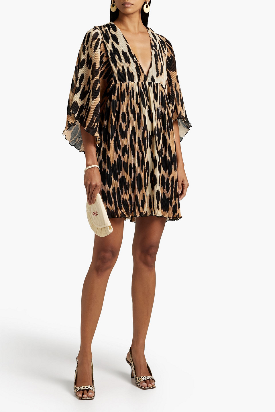 Ganni Leopard-print Plissé Crepe De Chine Mini Dress In Black