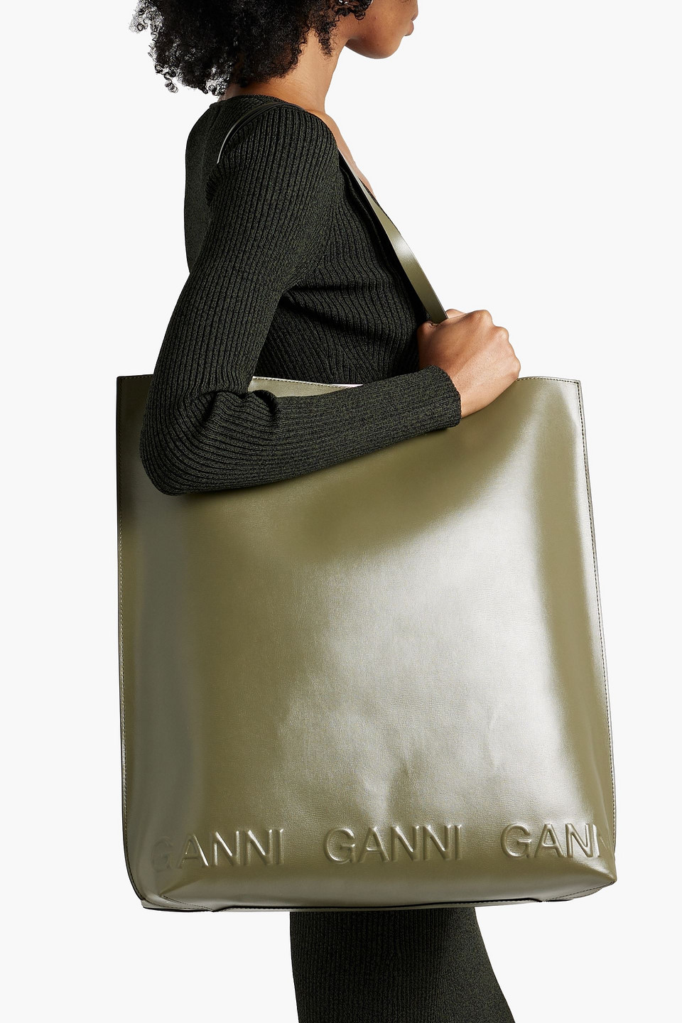Ganni Recycled Leather Tote In Army Green