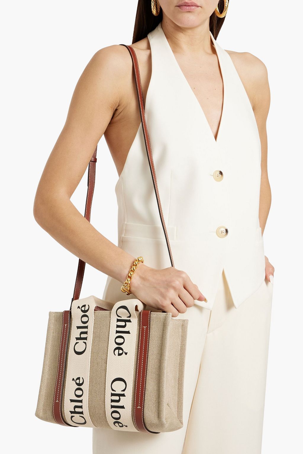 CHLOÉ Woody leather-trimmed canvas tote