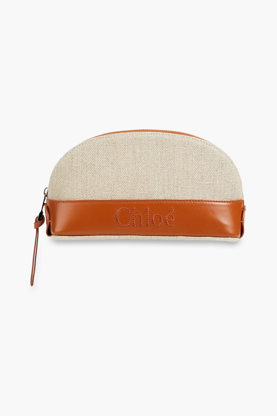 Chloé Embroidered Leather And Linen Cosmetics Case In Tan