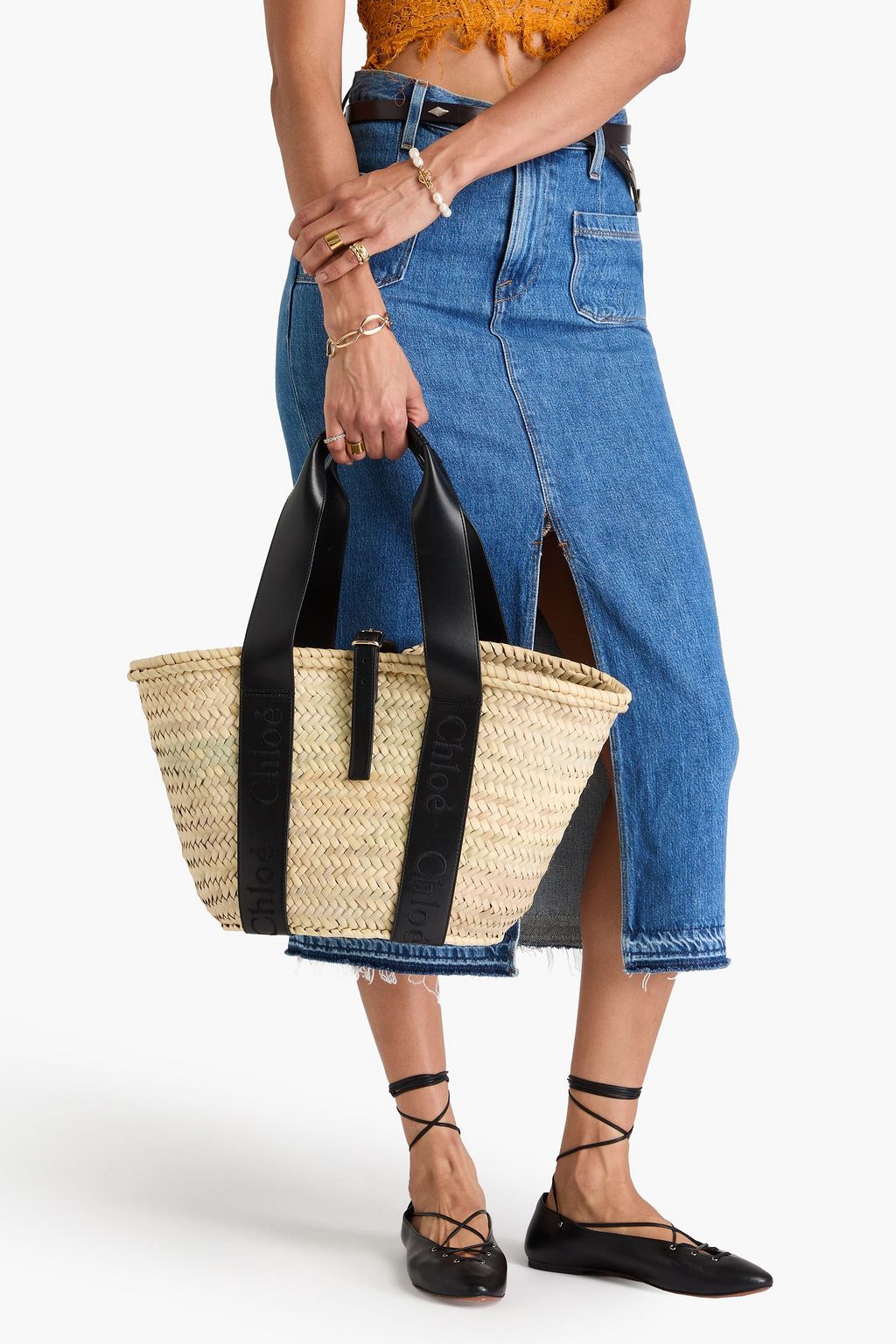 CHLOÉ Sense leather-trimmed raffia tote