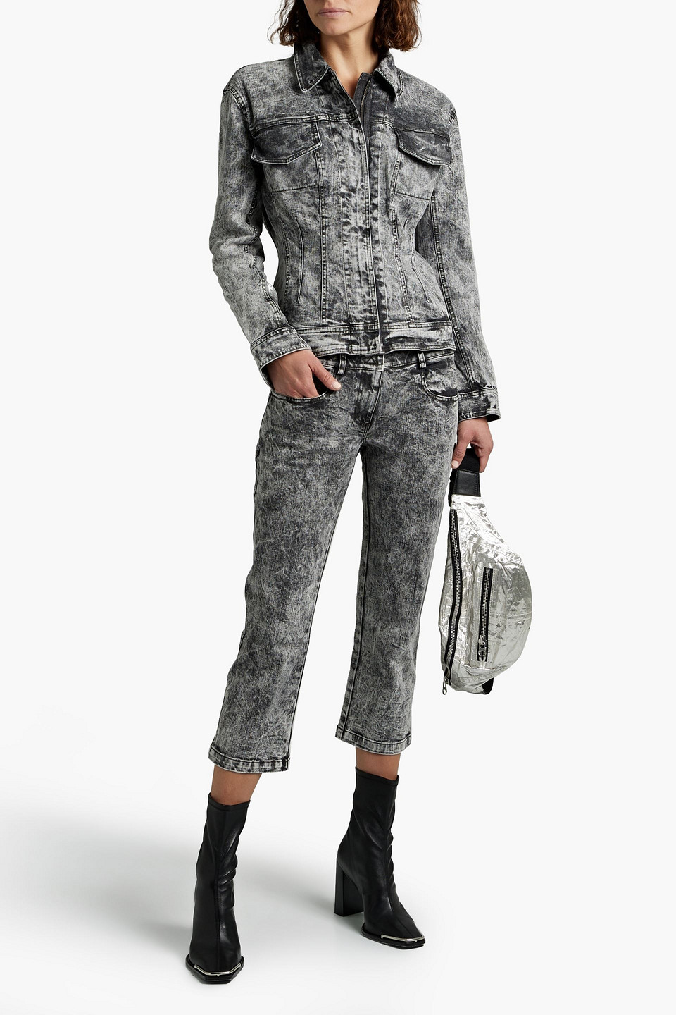 Norma Kamali Cropped Acid-wash Low-rise Bootcut Jeans In Black