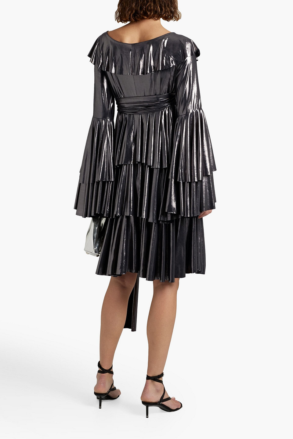 Shop Omo By Norma Kamali Ruffled Metallic Jersey Wrap-dress In Gunmetal