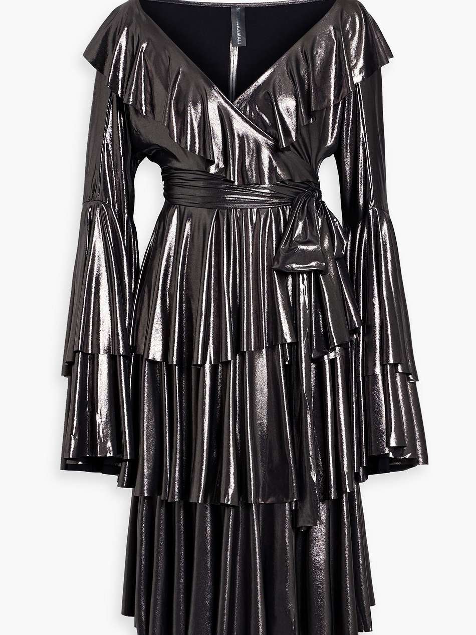 ruffled metallic jersey wrap-dress