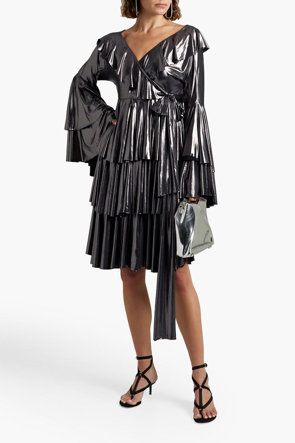 Shop Omo By Norma Kamali Ruffled Metallic Jersey Wrap-dress In Gunmetal