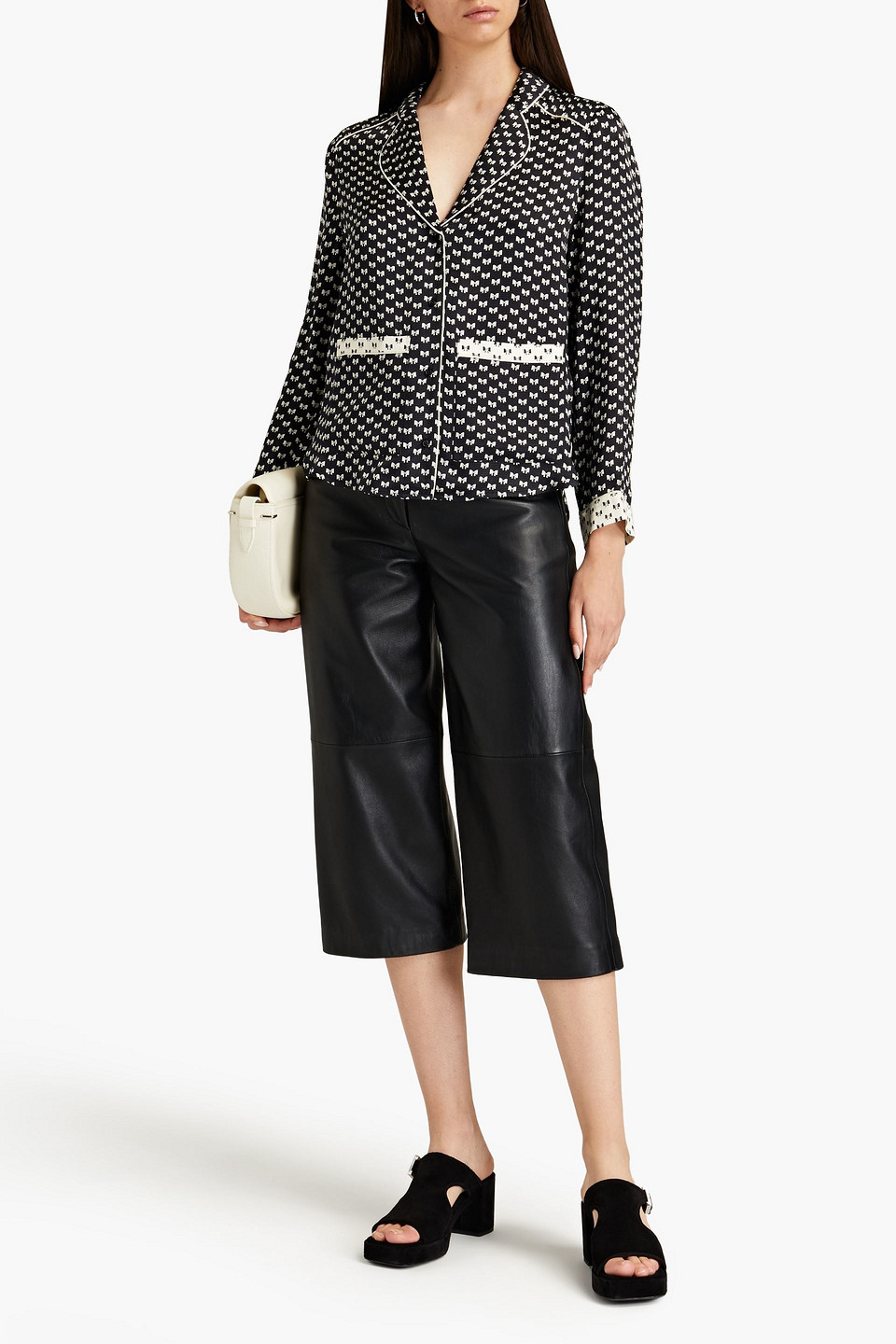 Maje Catsy Print & Piped Button-up Shirt In Black