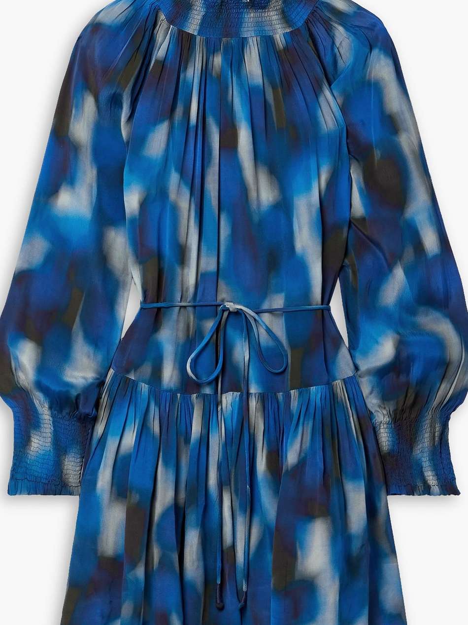 vista ruffled printed crepe de chine mini dress