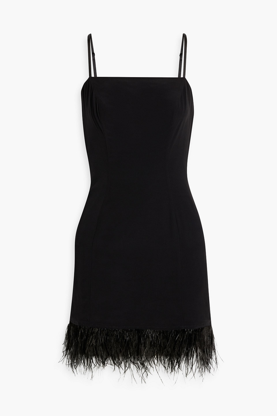 Hvn Mia Feather-trimmed Crepe Mini Dress In Black