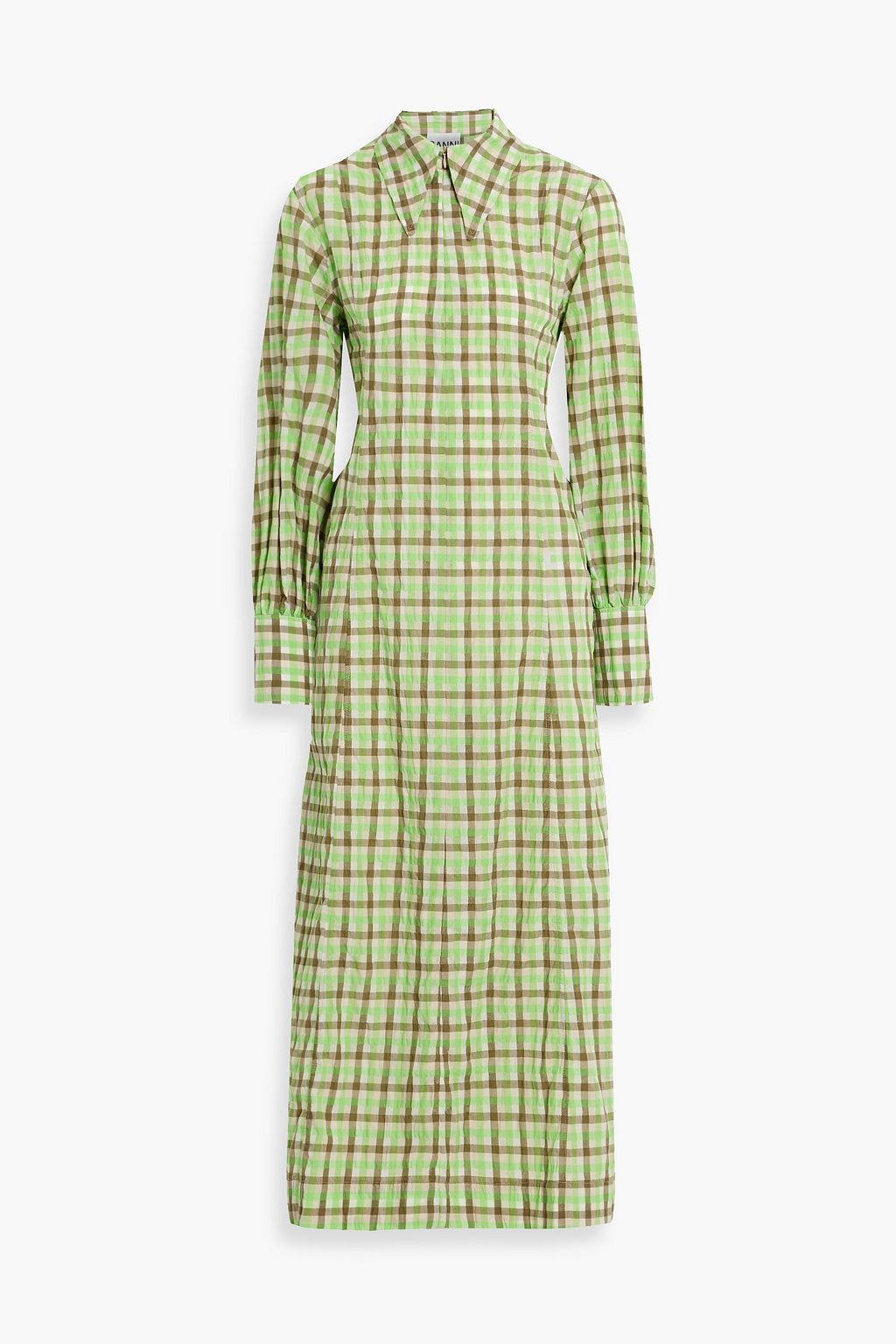 Bright green Checked organic cotton-blend seersucker midi dress | GANNI | THE OUTNET