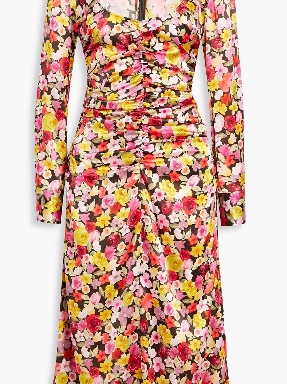 ruched floral-print silk-blend satin midi dress