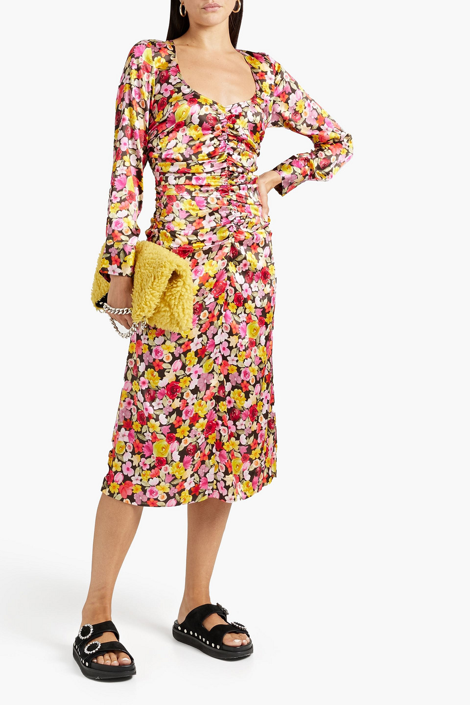 Ganni Ruched Floral-print Silk-blend Midi Dress In Multicolor