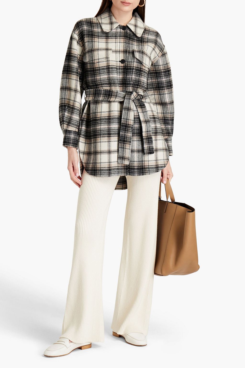 MAJE Belted checked brushed wool-blend felt jacket