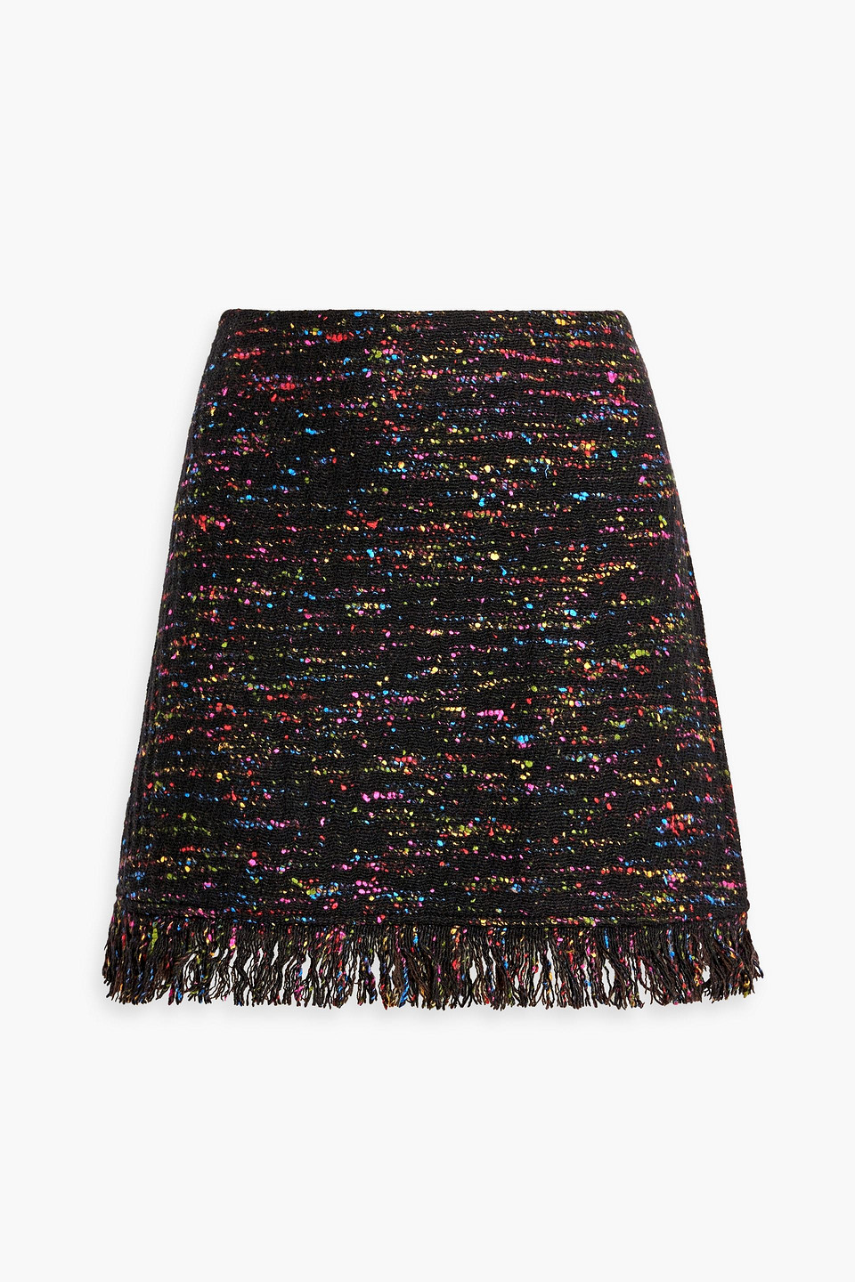 ganni - fringed donegal wool-blend tweed mini skirt - black - eu 42