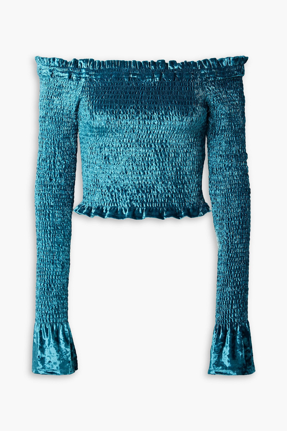 Caroline Constas Megara Off-the-shoulder Shirred Stretch-velvet Top In Teal