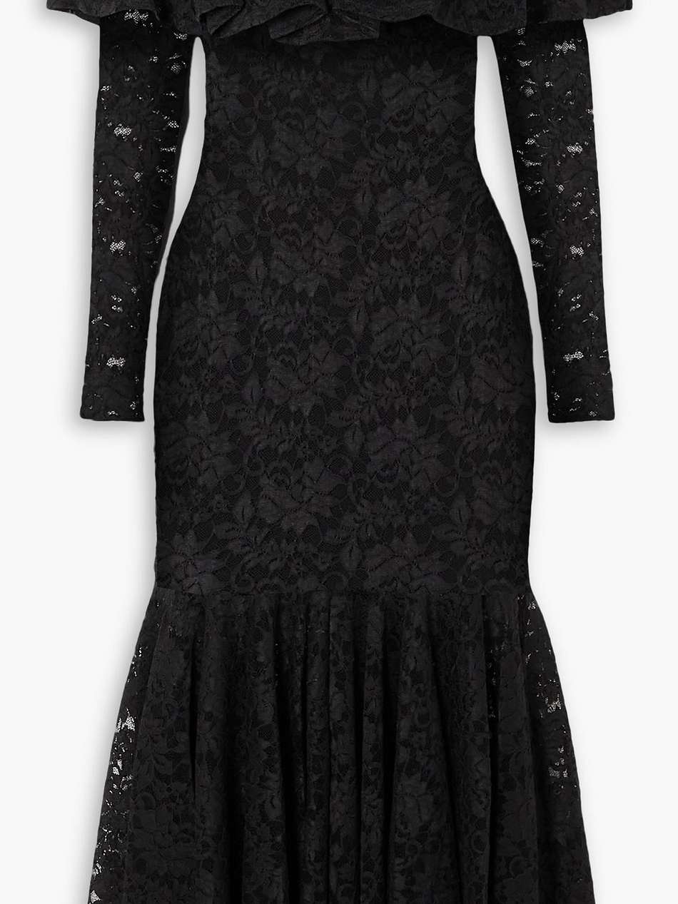alessia off-the-shoulder ruffled stretch-lace dress