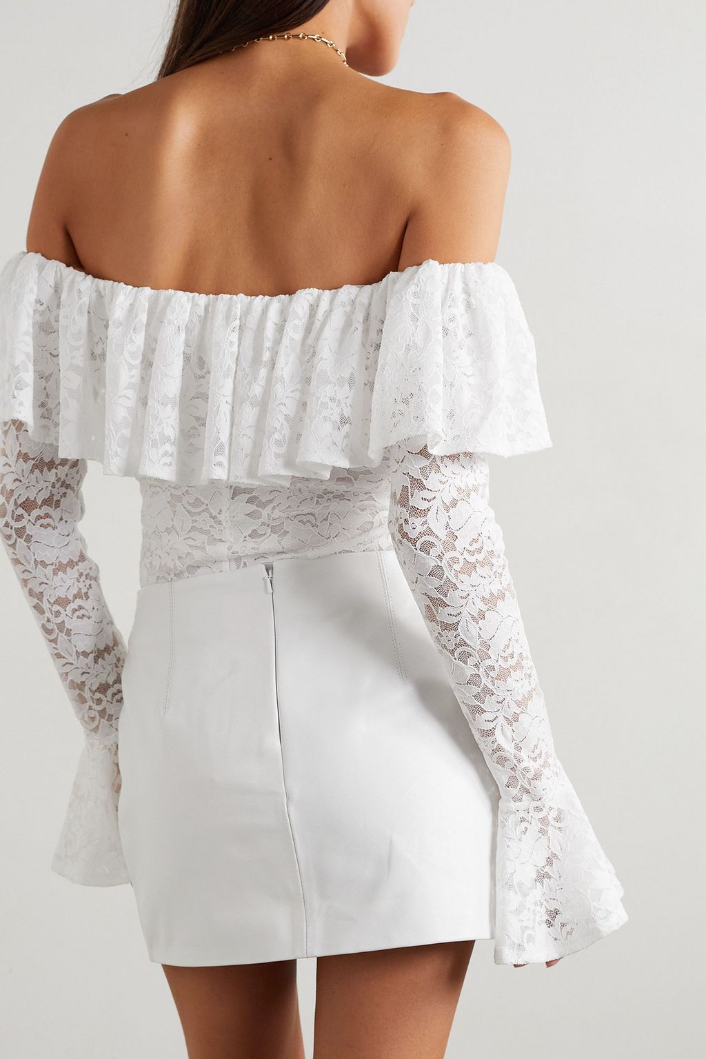 CAROLINE CONSTAS Alessia off-the-shoulder ruffled stretch-Chantilly lace top