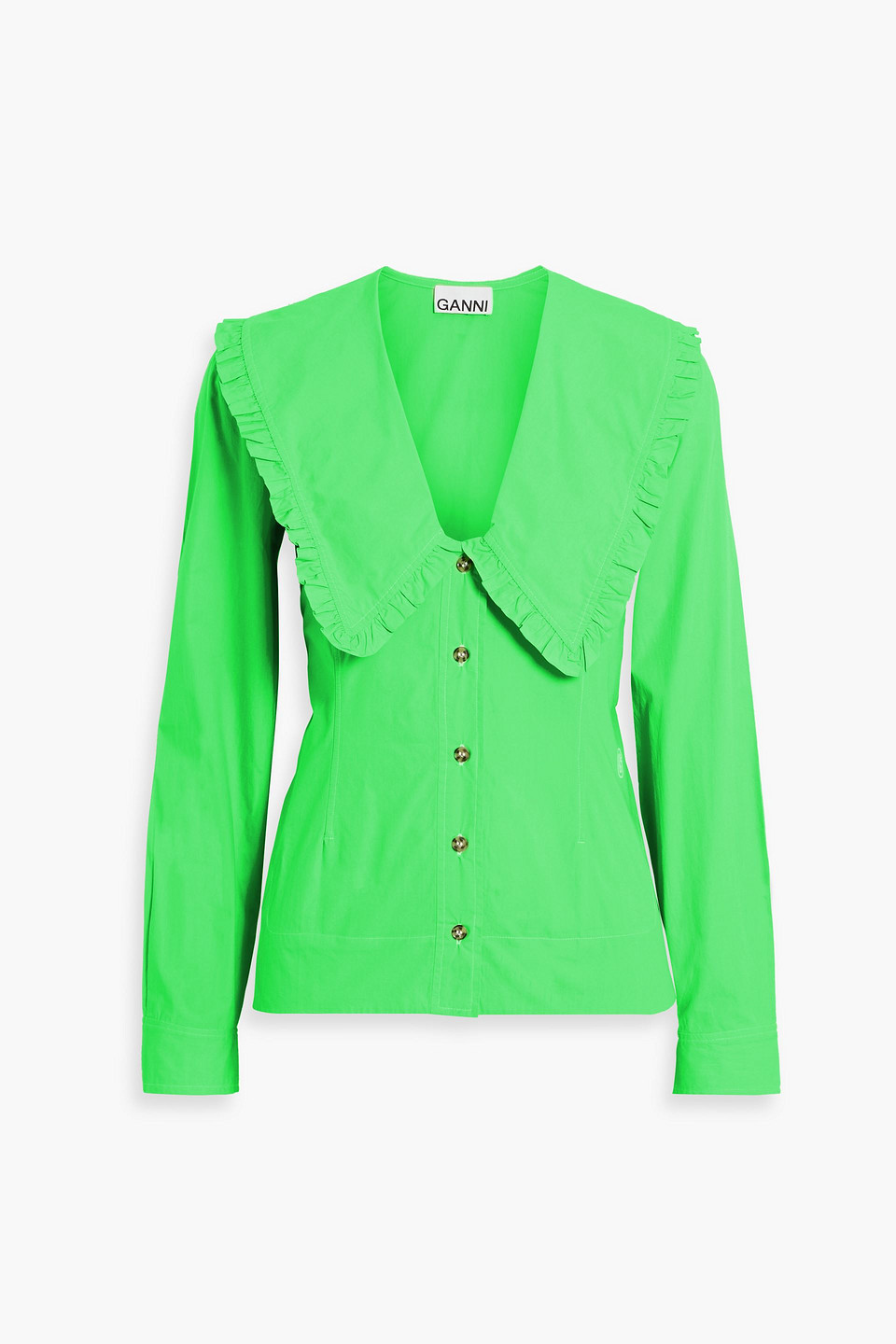ganni - ruffled cotton-poplin blouse - green - eu 40