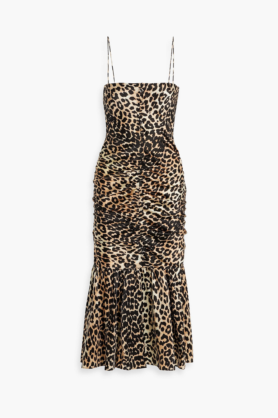 Ruched leopard-print silk-blend satin midi dress