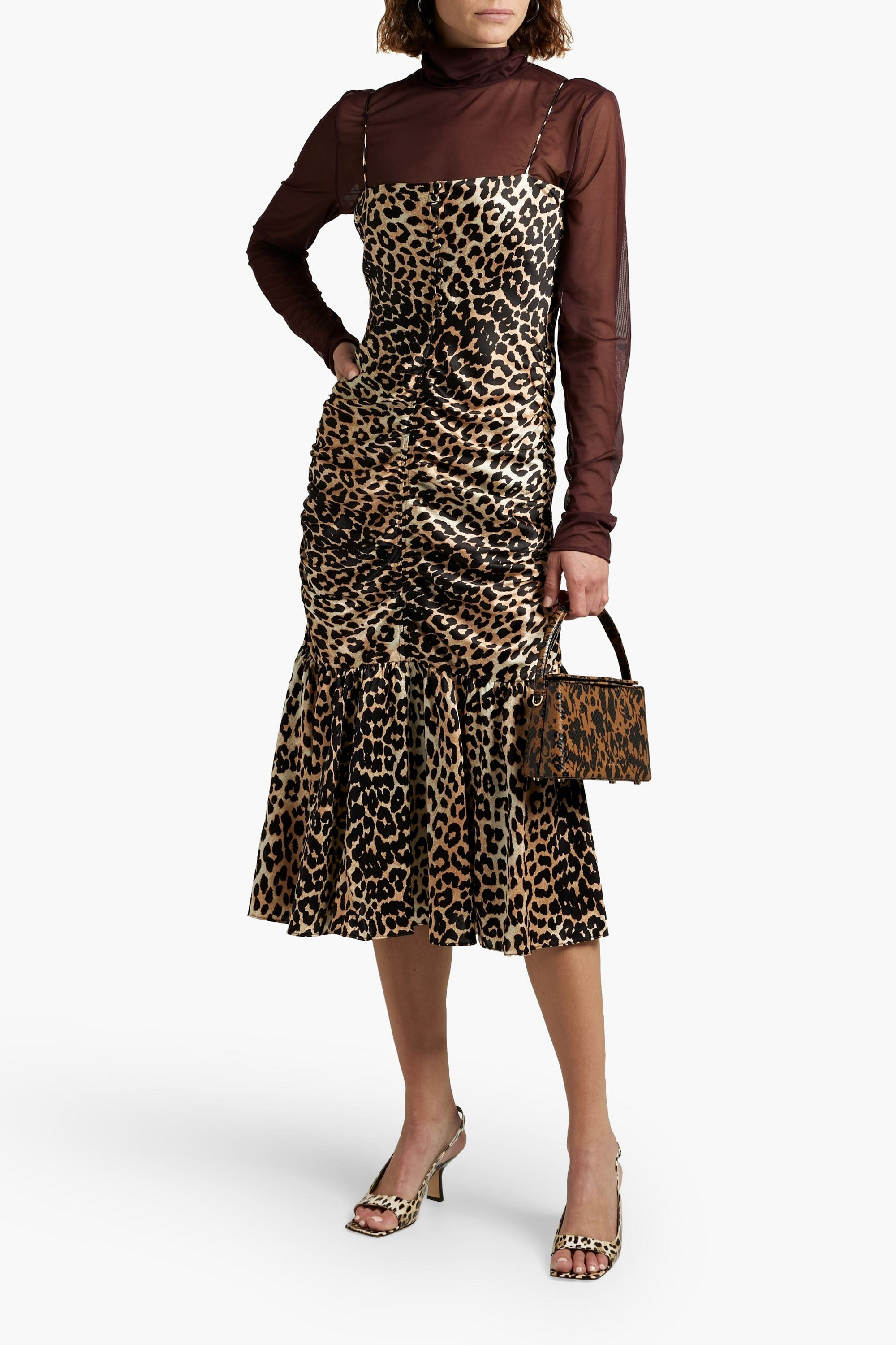 GANNI Ruched leopard-print silk-blend satin midi dress