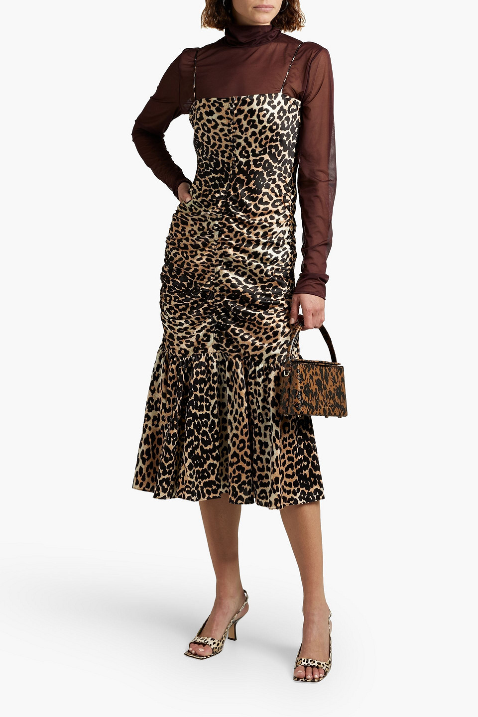 Shop Ganni Ruched Leopard-print Silk-blend Satin Midi Dress In Animal Print