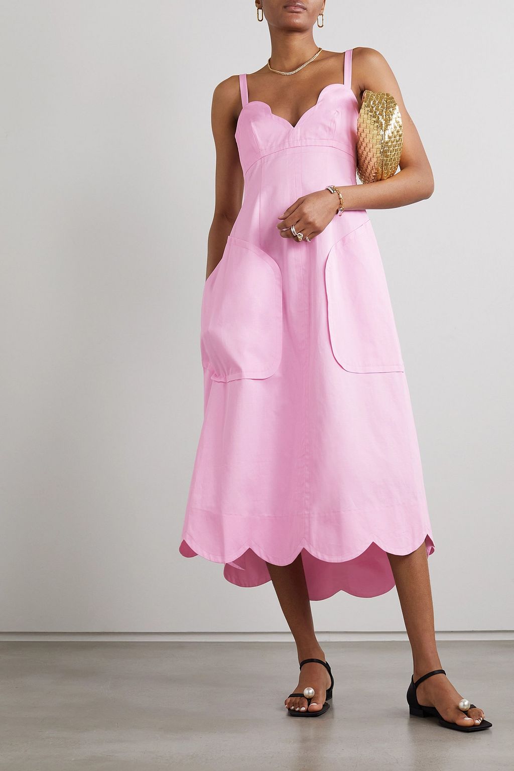 OROTON Scalloped cotton and linen-blend midi dress